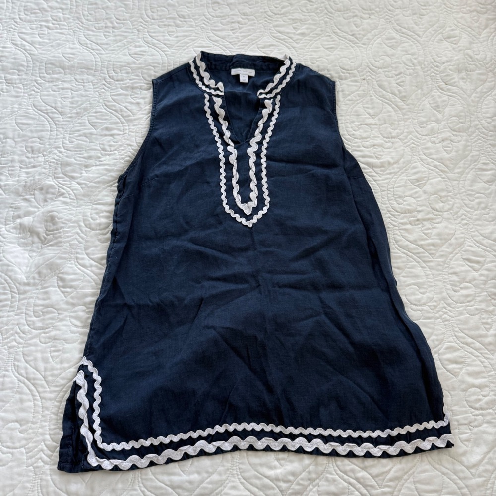 Charter Club Navy 100% Linen Ric-Rac Trim Sleeveless Tunic Top Womens Medium EUC
